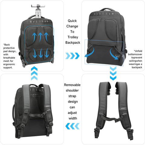 SWICKY RICOOI rolling backpack with wheels, 17-inch laptop carry-on, water-resistant, USB-C ports, Amazon brand