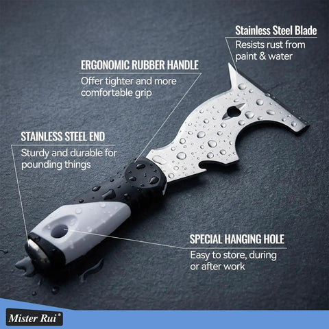 10 In 1 Putty Knife And Paint Scraper Tool With Hammer End, Stainless Steel Blade, Ergonomic PP And TPR Handle, Multi Purpose Home Renovation And Pro Painter Scraping Tool For DIY Projects For Pros And DIYers, hanging hole view