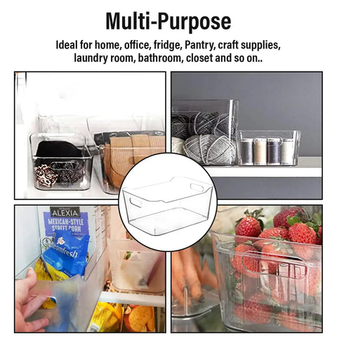 Premium Clear Plastic Storage Bins Are A Total Game Changer For Pantry Reset And Kitchen Cabinet Organization in various uses like fridge and craft storage.