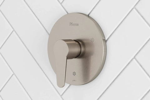 Modern Single Handle Shower Valve Trim Only In Brushed Nickel For Easy 1 Hole Install Valve Body Sold Separately Compatible With 0X8 Series Pressure Balancing Valve R89040K Slick Reliable Bath Upgrade.