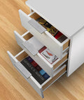 White cabinet with open drawers featuring 6 Inch Tab Pulls For Cabinets 10 Pack Polished Chrome Finger Edge Drawer Handles With Screws.