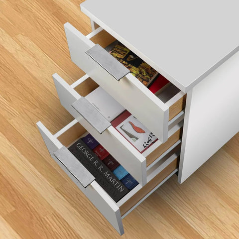 White cabinet with open drawers featuring 6 Inch Tab Pulls For Cabinets 10 Pack Polished Chrome Finger Edge Drawer Handles With Screws.
