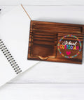 School Custodian Desk Organizer With Pen Trough And Retro Note Pad Holder Solid Gift for janitorial staff on white background.