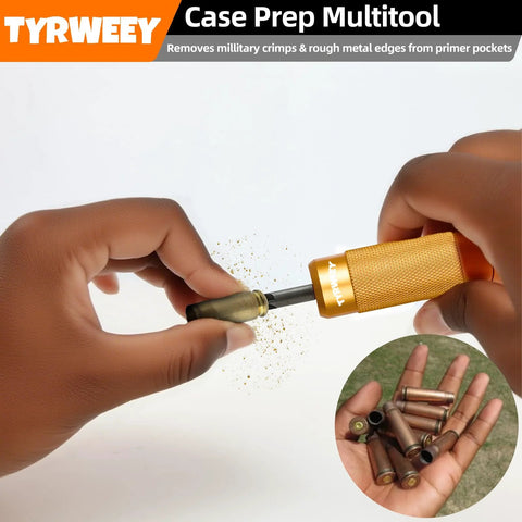 TYRWEEY Case Prep Multitool orange aluminum handle; close-up of hands deburring primer pockets