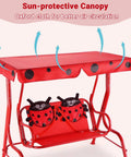 Porch Swing For Two Children With Adjustable Canopy And Safety Belts For All Weather Outdoor Patio Hammock Bench In Red Ladybug Pattern