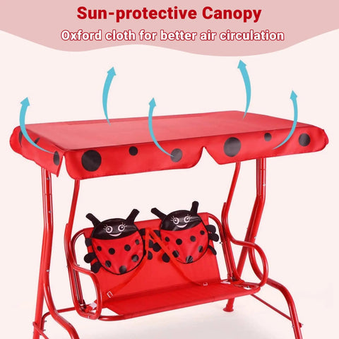 Porch Swing For Two Children With Adjustable Canopy And Safety Belts For All Weather Outdoor Patio Hammock Bench In Red Ladybug Pattern