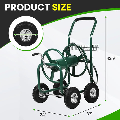Front view of Beefy Heavy Duty Hose Reel Cart Holds Up To Three Hundred Feet Of Five Eighth Inch Hose With Four Wheels