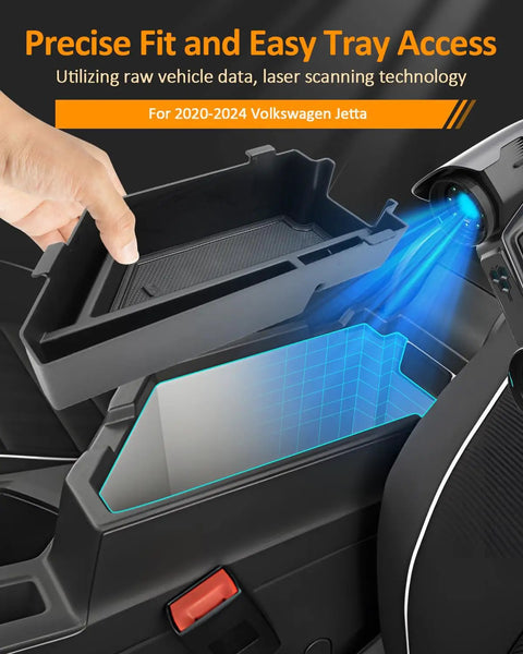 Jetta Center Console Organizer Tray For Volkswagen VW 2020 2021 2022 2023 2024 2025 2026 Custom Fit Armrest Storage Box Insert in use