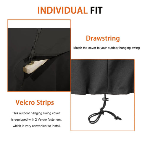 Waterproof Hanging Porch Swing Cover For Outdoor Patio Garden Swing Chair 420D Oxford Fabric All Weather Protection Fits 85 In To 215 Cm Black Heavy Duty Tough As Nails Durable UV Shield Water Repellent Full Coverage showing drawstrings and Velcro strips