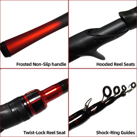 Close-up of 5 Foot Baitcasting Rod And Reel Combo With Durable Fiberglass Telescopic Rod features, including handle, reel seat, and guides.