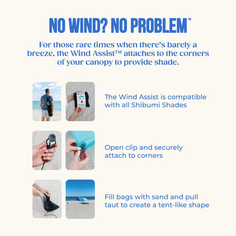 Quiet Beach Canopy Shade Tent Sets Up In Minutes With 150 Sq Ft Of Shade, Wind Assist setup demonstration images and text.