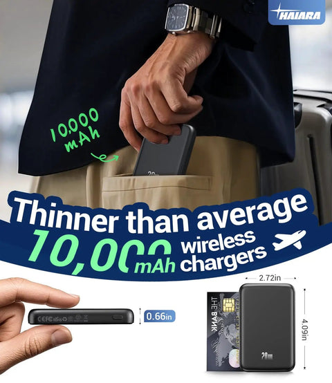 MagSafe Compatible Portable Charger 10000mAh Magnetic Power Bank For iPhone 17 16 Series With A 20N Strong Magnet To Prevent Drops And Keep Your Phone Juiced On The Go, slim black portable charger in pocket, 0.66in thick