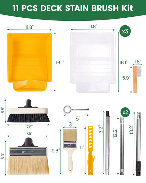 11-piece 7.5-Inch Heavy-Duty Deck Brush Kit with 51 Inch Adjustable Extension Rods, 9-Inch Paint Tray, wood and floor brushes