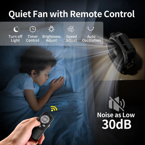 Camping Fan With Light 20000mAh Rechargeable Battery, Remote Control used near sleeping child, features shown above