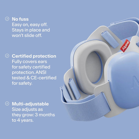 Extra Cozy Baby Ear Muffs For Smooth Airport Trips And Loud Concerts, Toddler Noise Blocking Earmuffs with soft cushions, blue, adjustable size.