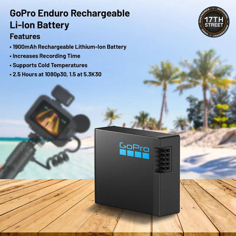 Enduro battery from Creator Edition Action Camera Bundle with 5.3K60 video, outdoors beach scene background, palm trees.
