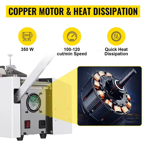 YS 100 Auto Heat Shrink Tube Cold Cutting Machine With 350W Power And Precise Microcomputer Control For PVC Tape Tape Belts Up To Half Inch Diameter showing copper motor and heat dissipation.