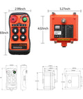 Q400 4 Button Industrial Wireless Remote Control For Hoist Crane With 100M Range And IP65 Weatherproof Rugged Design showing dimensions and features.
