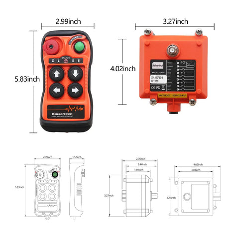 Q400 4 Button Industrial Wireless Remote Control For Hoist Crane With 100M Range And IP65 Weatherproof Rugged Design showing dimensions and features.