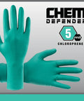 Straight Up Tough Powder Free Chloroprene Disposable Gloves With Heavy Five Mil Build And Sure Grip Textured Tips For Battle Ready Chemical Guarding Extended Twelve Inch Sleeve Cuff Built For Daily Dental And Industrial Jobs Large displayed with hands in view.