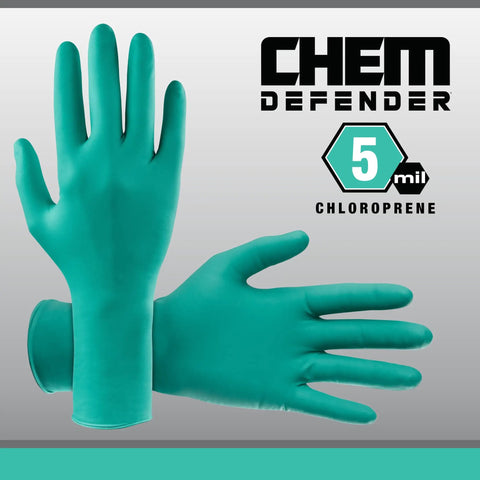 Straight Up Tough Powder Free Chloroprene Disposable Gloves With Heavy Five Mil Build And Sure Grip Textured Tips For Battle Ready Chemical Guarding Extended Twelve Inch Sleeve Cuff Built For Daily Dental And Industrial Jobs Large displayed with hands in view.
