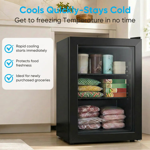 3.0 Cu Ft Upright Freezer With Clear Glass Door Sleek Black Cabinet showcasing food storage organization with visible freshness.