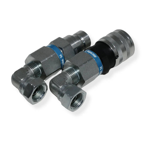 Half Inch Body With 90 Degree Elbow 1/2 In NPT Pipe Thread Flat Face Hydraulic Quick Connect Coupler For Skid Steer Attachments ISO 16028 Heavy Duty Couplings With Dust Caps TL23E, angled view