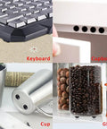 318 Piece Black Rubber Feet Bumper Pads Set with self-adhesive backing on keyboard, cupboard, cup, and glass surfaces.