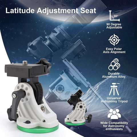 Aluminum Latitude Adjustment Equatorial Mount Wedge for Astronomy with 90-degree tilt and universal tripod compatibility.