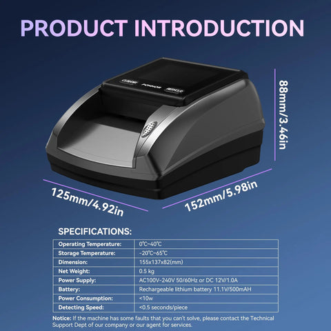 AL 135T Counterfeit Bill Detector Money Checker With Three Inch Digital Screen, showing dimensions and specifications.