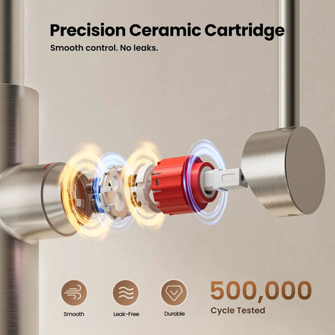 Close-up of JOMOO Brushed Nickel Kitchen Faucet with Pull Down Sprayer, 2-Mode precision ceramic cartridge, showing smooth control.