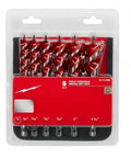 Heavy Duty Six Piece Speed Feed Wood Drill Bit Set With Fast Self Feeding Auger Tips For Quick Hole Making From Half Up To One Quarter Plus Inches in packaging.