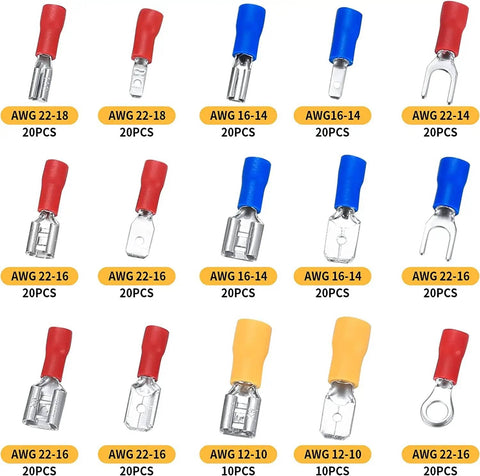 Assorted 280 Piece Electrical Cable Connectors Kit With Insulated Wire Terminals Including U Type Fork Spade Butt Ring Terminals
