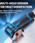 Cordless Angle Grinder Kit With Dual 12V Batteries 550W Power 19500 RPM mini electric cutter laying on metal surface