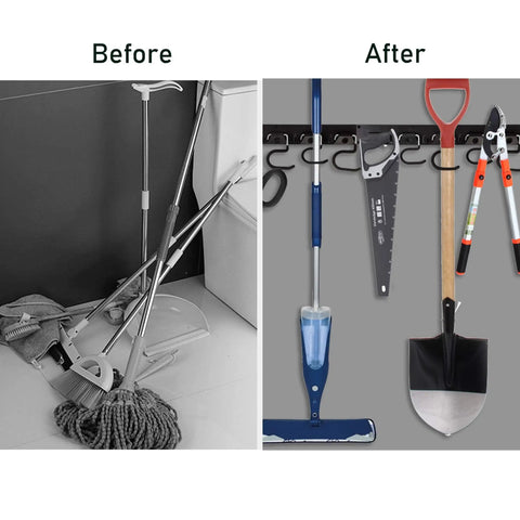 Before and after using 64 Inch Garage Storage Organizer Wall Mount For Tools And Cleaning Essentials, Mop And Broom Holder
