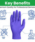Purple nitrile disposable glove, X-Large, textured fingertips; latex-free, chemical resistant.