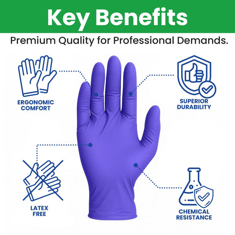 Purple nitrile disposable glove, X-Large, textured fingertips; latex-free, chemical resistant.