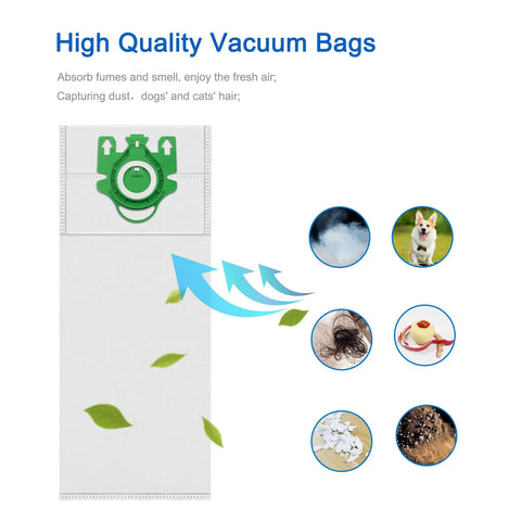 Type U Vacuum Bags 12 Pack for S7000 to S7999 Upright Vacuums filters, cleaning brush, capturing dust and hair illustration.