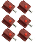 Heavy Duty Spring Loaded Press Button Bolt 6 Pack With Slick Sliding Barrel Lock Kickass Security Latch For Shed Door Cabinet Easy No Sweat Surface Mount Assembly Premium Abs Plastic Hardware in red.