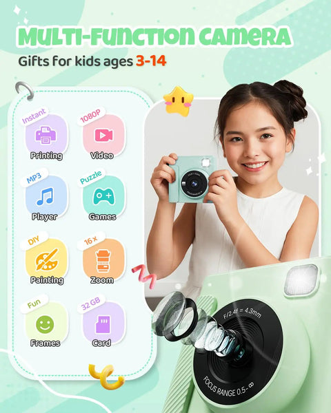 Kids Instant Print Camera With 1080P HD Video, Green Toy For Snaps And Printing, Portable Digital Camera For Playtime, Frames, Music, Games, Flashlight, Black And White Print Mode, Kid Friendly And Sturdy Design, front view