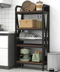 4 Tier Farmhouse Bakers Rack Heavy Duty Metal Wood Shelves Built Like A Tank Rock Solid X Brace Reinforcement Sleek Industrial Design Ultimate Kitchen Storage Solution 25.6 Inch Width with kitchen items