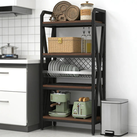 4 Tier Farmhouse Bakers Rack Heavy Duty Metal Wood Shelves Built Like A Tank Rock Solid X Brace Reinforcement Sleek Industrial Design Ultimate Kitchen Storage Solution 25.6 Inch Width with kitchen items