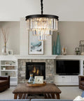 Black Crystal Chandeliers Modern Round Ceiling Light Fixture 20 Inch Dimmable 9 Lights 3 Tier Raindrop Pendant in living room