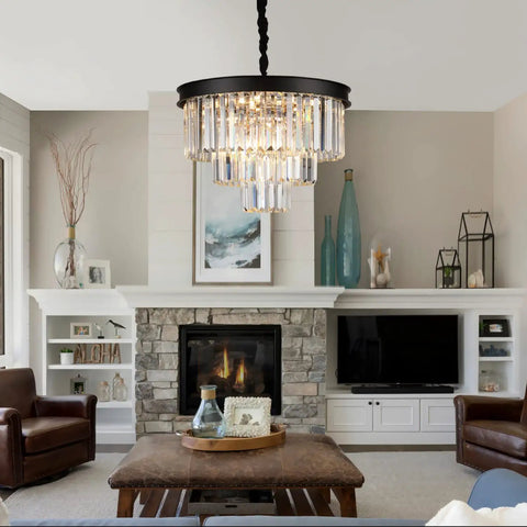 Black Crystal Chandeliers Modern Round Ceiling Light Fixture 20 Inch Dimmable 9 Lights 3 Tier Raindrop Pendant in living room