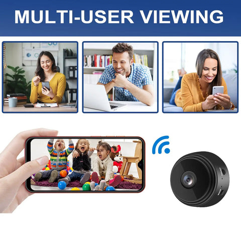 Three Pack Mini Security Cameras With 1080P HD WiFi For Indoor Outdoor Use 150 Degree Wide Angle Great For Baby Pet Nanny Monitoring Remote Viewing On iOS And Android App Tiny Cam Setup For Quick Use shown with remote view on smartphone, featuring three users.