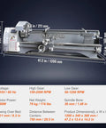 Premium Benchtop Metal Lathe With A Beefy 750W Brushless Motor And Cruising 0 To 2500 RPM Variable Speed, shown from the side.