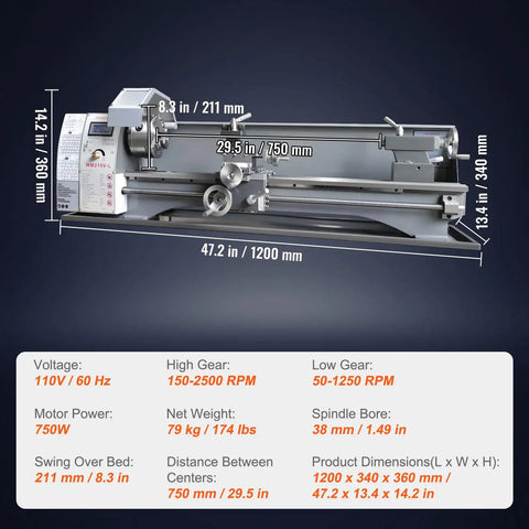 Premium Benchtop Metal Lathe With A Beefy 750W Brushless Motor And Cruising 0 To 2500 RPM Variable Speed, shown from the side.