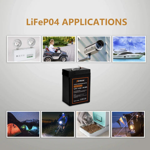 6V 4.5Ah LiFePO4 Battery Two Pack With Built In BMS, applications in emergency lights, ride-on cars, security cameras, boats