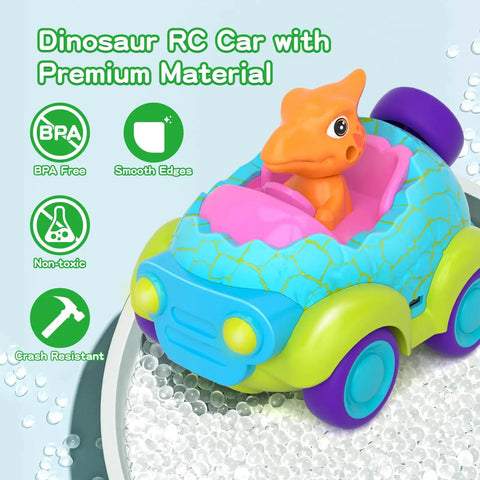 Dinosaur themed toddler remote control car with lights featuring detachable orange dinosaur figure in a blue and green toy vehicle.