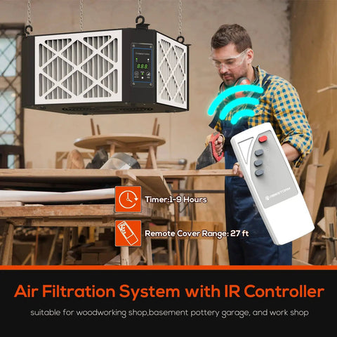 360 Degree Filtration System For Woodworking With Vortex Fan And 1050 To 1350 CFM Dual Speed Hanging Dust Collector installed in workshop